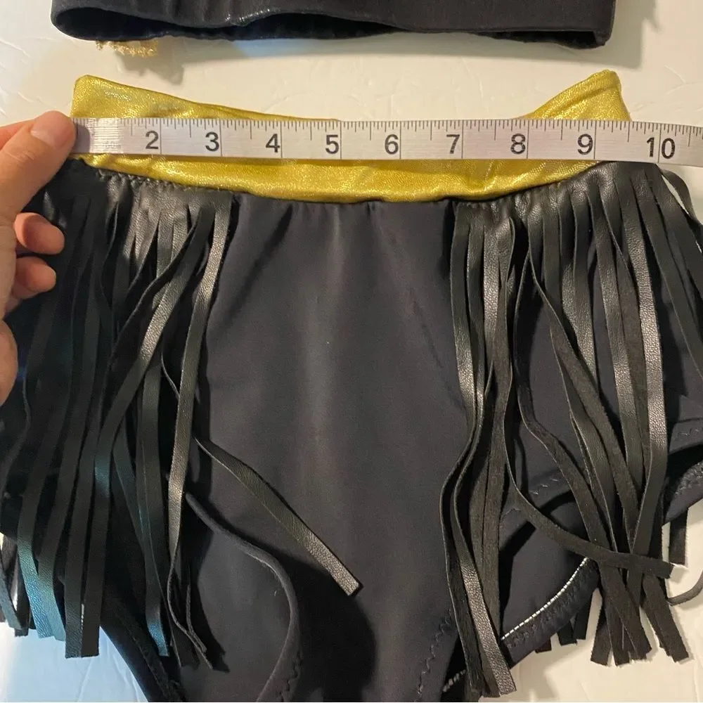 Custom glamorous mature solo dance costume 2 piece leather fringe black MC LC
